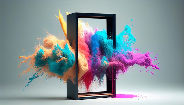 Marco de exhibición del producto con explosión de pintura en polvo de colores Generative ai