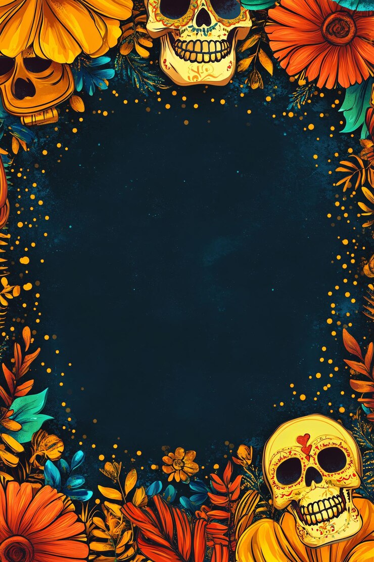 Marco festivo ideal para proyectos del día de los muertos con sus vibrantes cráneos y flores coloridas