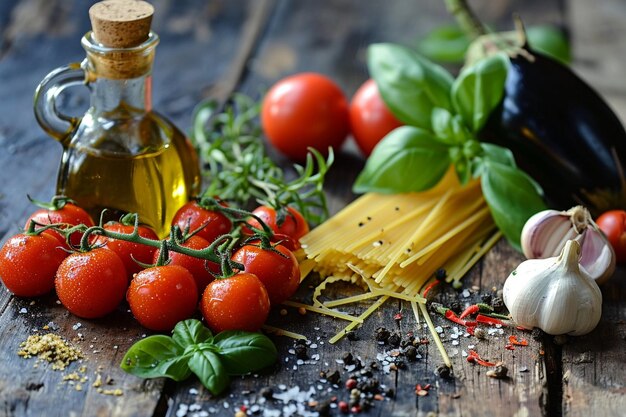 Foto marco de fettuccine con ingredientes para cocinar pasta italiana en la oscuridad