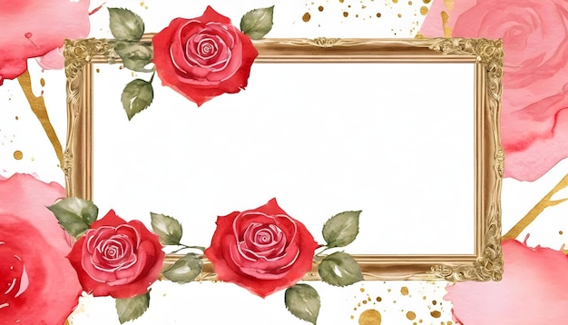 Marco de flor de rosa roja y oro con patrón de acuarela de fondo