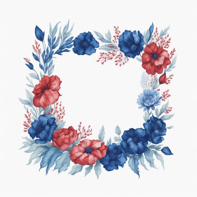 Marco floral de acuarela azul y roja forma cuadrada marco floral generado por IA