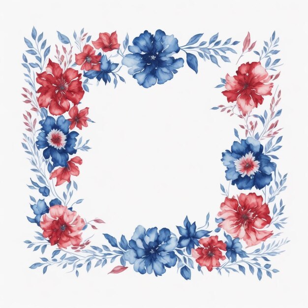 Marco floral de acuarela azul y roja forma cuadrada marco floral generado por IA