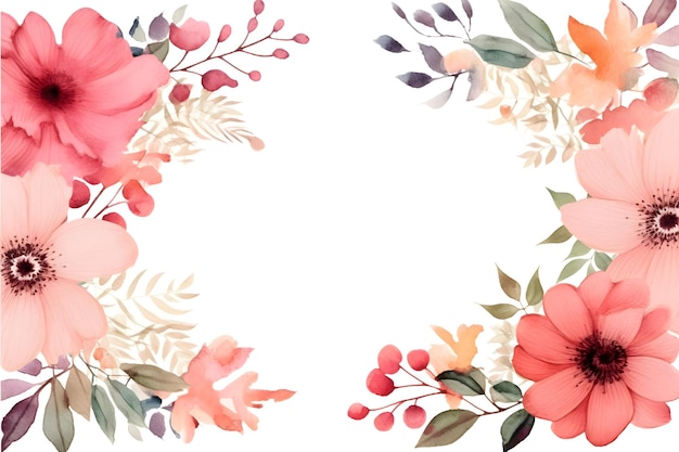 Marco floral de acuarela con flores y hojas Ilustración vectorial dibujada a mano Espacio de copia para el texto