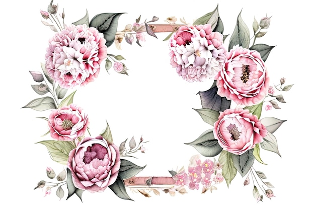 marco floral de acuarela con flores y hojas pintadas a mano sobre fondo blanco