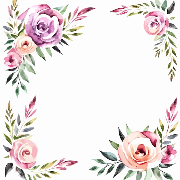 Un marco floral de acuarela con rosas rosadas y moradas.