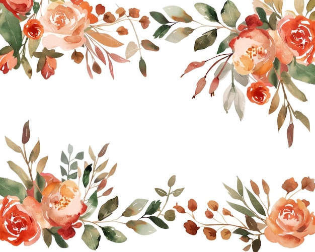Marco floral de acuarela con rosas y vegetación sobre un fondo blanco perfecto para invitaciones o tarjetas de felicitación