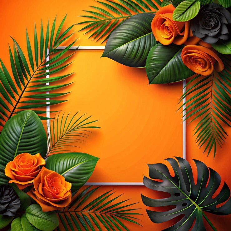 Marco floral de diseño vibrante con flores negras y naranjas