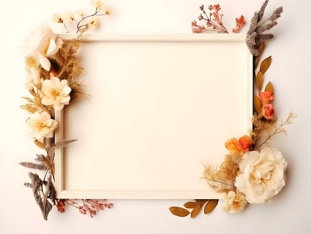 Un marco floral generado con una bonita presentación de flores con un fondo de marco floral en blanco