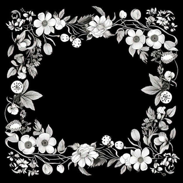 Marco floral monocromo blanco y negro con flores y hojas de anémona blanca ai generativo