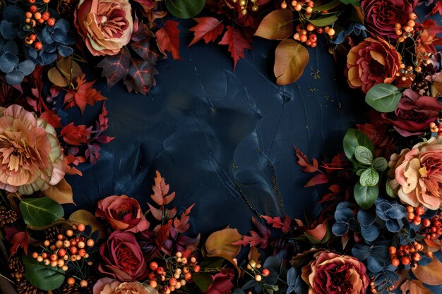 Marco floral de otoño sobre un fondo azul oscuro