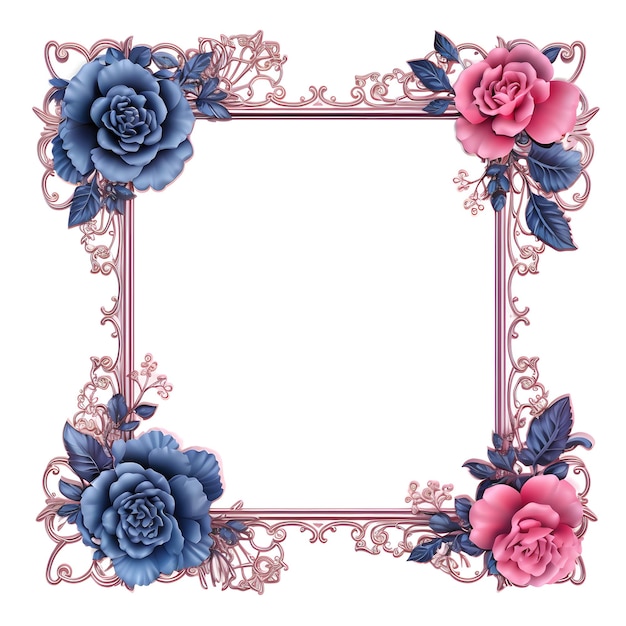 un marco floral rosa y azul con rosas y hojas