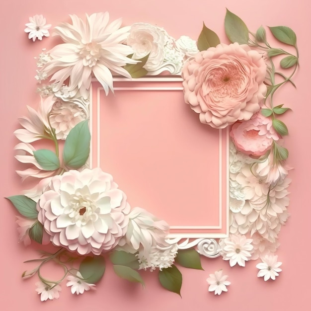 Marco floral rosa sobre un fondo rosa con flores blancas