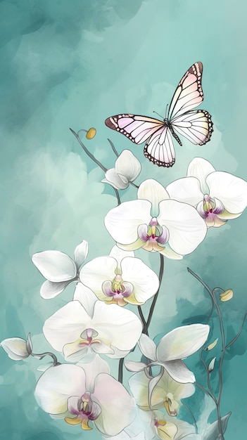 Marco floral vertical Flores de acuarela con ilustración de mariposa AI generativa