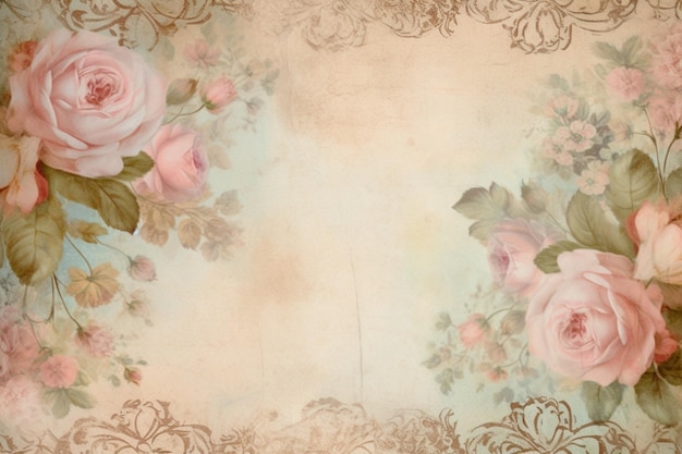 Marco floral vintage con rosas rosadas sobre un fondo beige