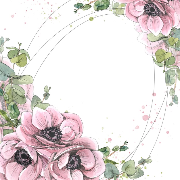 Un marco de flores de anémona y ramitas de eucalipto con toques de pintura Una delicada ilustración de acuarela de un gran conjunto de PARIS Para la decoración y el diseño de tarjetas postales de saludos de bodas