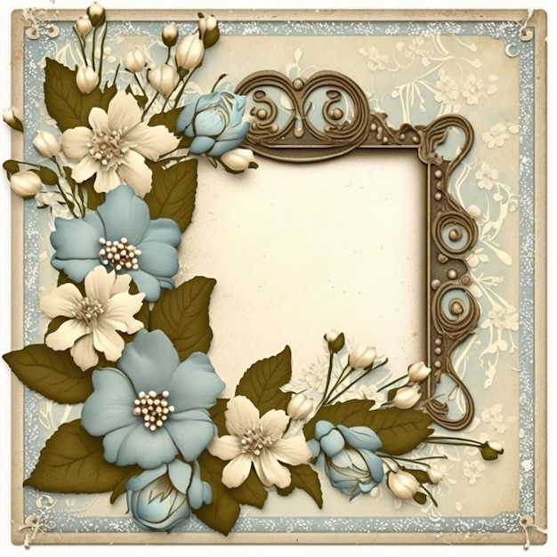 Un marco con flores azules y hojas en el centro.