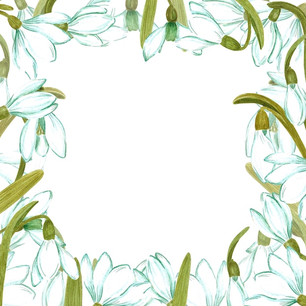 Marco de flores de campanilla blanca acuarela dibujada a mano sobre fondo blanco Se puede utilizar para invitación