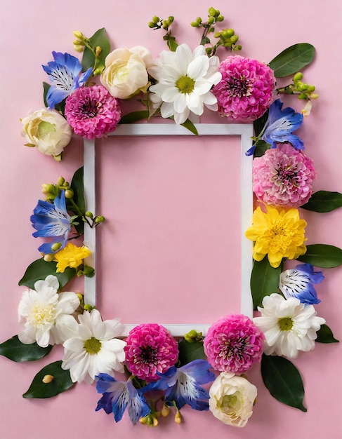 Marco con flores coloridas en un fondo claro de color rosa pastel Diseño de tarjeta de felicitación para las vacaciones