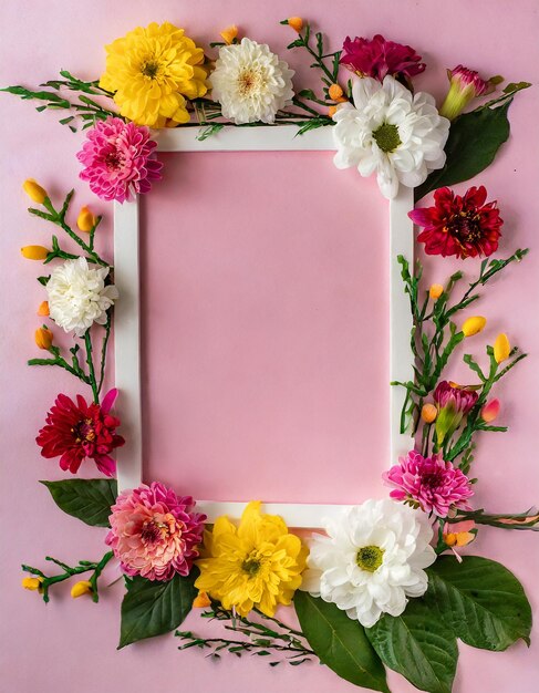 Foto marco con flores coloridas en un fondo claro de color rosa pastel diseño de tarjeta de felicitación para las vacaciones