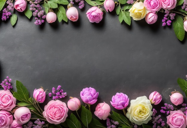 Un marco de flores con flores moradas y rosas sobre un fondo negro