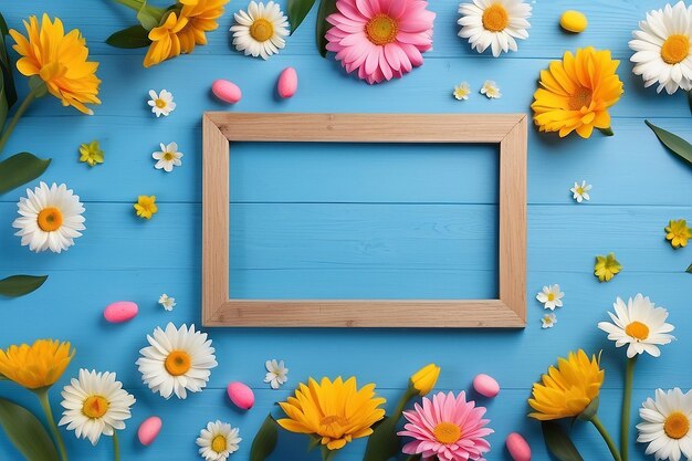 Marco de flores de fondo de primavera en una mesa de madera azul Maqueta de banner para las vacaciones de primavera de Pascua del Día de la Mujer o de la Madre