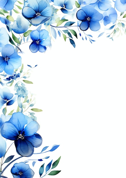 Foto marco con flores y hojas azules para tarjetas de invitación o eventos