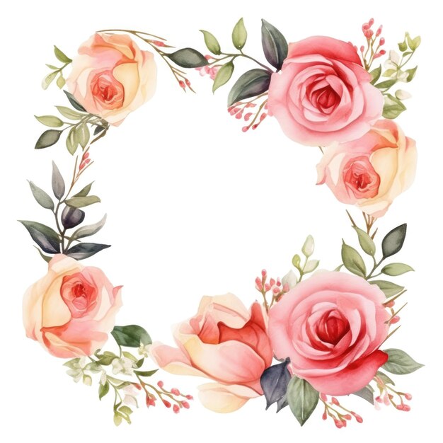 marco de flores y hojas de rosa de acuarela sobre fondo blanco hermosa y elegante corona floral