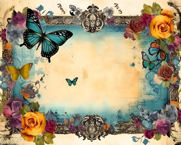 Marco con flores y mariposas sobre un fondo de papel viejo