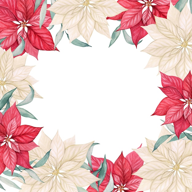 Marco con flores de Navidad Poinsettia Marco cuadrado con flores rojas y blancas Estrella de Navidad Tarjeta de felicitación de Navidad en acuarela con espacio para texto Navidad y Año Nuevo