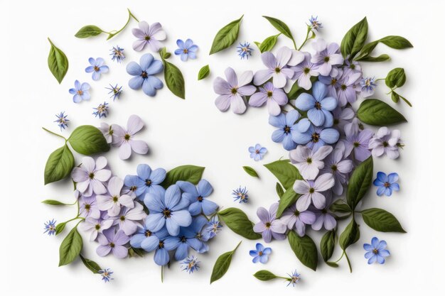Foto marco de flores y plantas de bígaro sobre un fondo blanco para tarjetas de felicitación de pascua y primavera con espacio de copia generado por ai