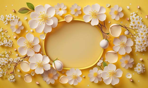 Marco con flores de primavera sobre fondo amarillo Tema de primavera