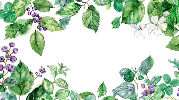 Marco con flores púrpuras y hojas verdes aisladas sobre un fondo blanco AIG56