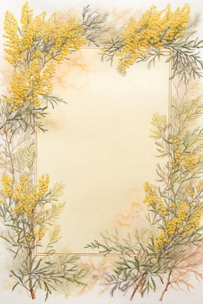 Marco de flores y ramas de mimosa en acuarela sobre un fondo blanco