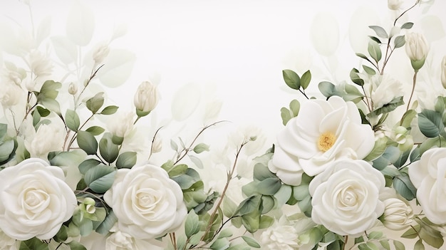Marco de flores de rosas blancas y hojas verdes aisladas sobre un fondo blanco Vista superior Colocación plana