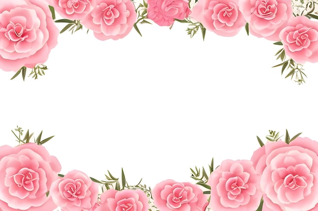 Foto marco de flores rosas con hojas verdes sobre un fondo blanco.