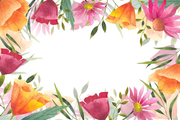 Marco de flores silvestres de verano ilustración en acuarela borde floral con espacio en blanco para el texto dibujado a mano rosas amarillas azules flores de prado y hierbas sobre fondo blanco estandarte botánico para el diseño