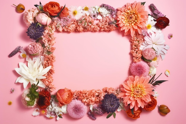 Un marco de flores sobre un fondo rosa.