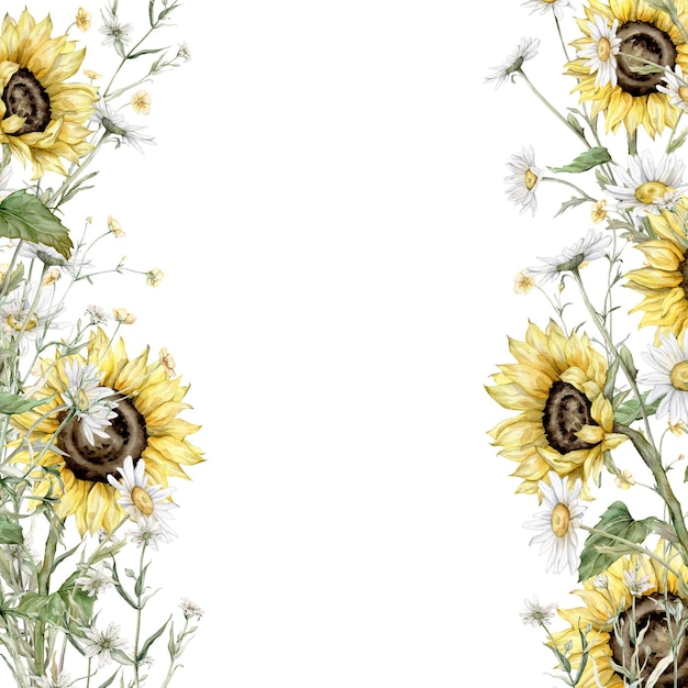 Marco de flores de verano de acuarela Roca de prado con margaritas blancas y flores de girasol amarillas Ilustración dibujada a mano en un fondo aislado Frontera botánica de flores con pintura de flores silvestres
