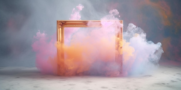 Un marco en un fondo ahumado ahumado con una nube de humo rosa en el fondo.