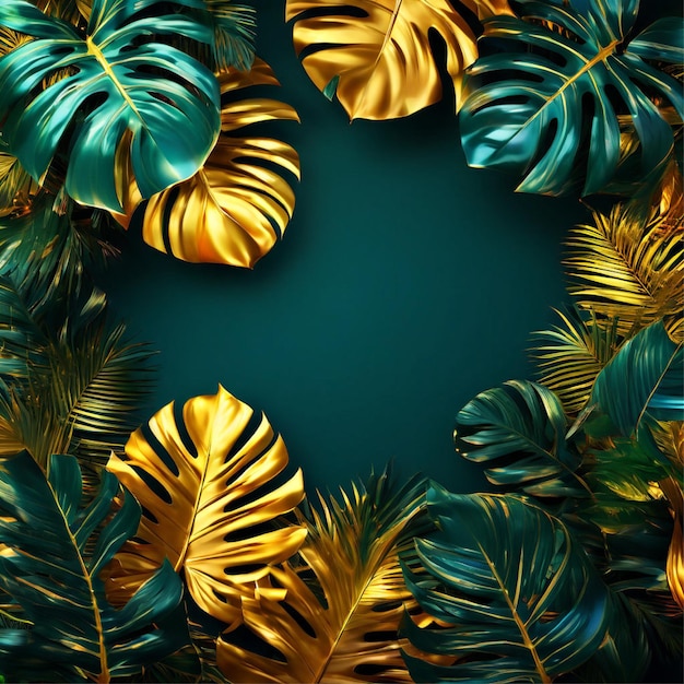 marco de fondo con hojas tropicales doradas y azules generan ai npro foto