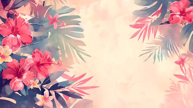 Marco de fondo de verano con una ilustración de flores de hibisco tropical