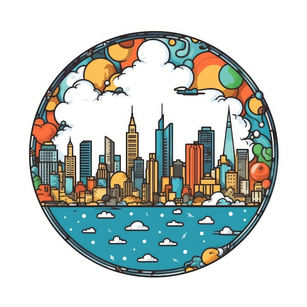 Un marco de forma de círculo con el espacio central del horizonte de la ciudad de Sydney en un estilo de dibujos animados de color de garabato simple hermoso AI generativo AIG32