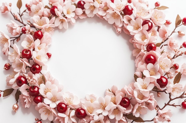 Marco en forma de círculo de perlas con flores de cerezo aisladas sobre un fondo blanco