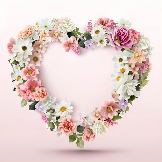 Un marco en forma de corazón con flores rosadas y blancas en el medio.