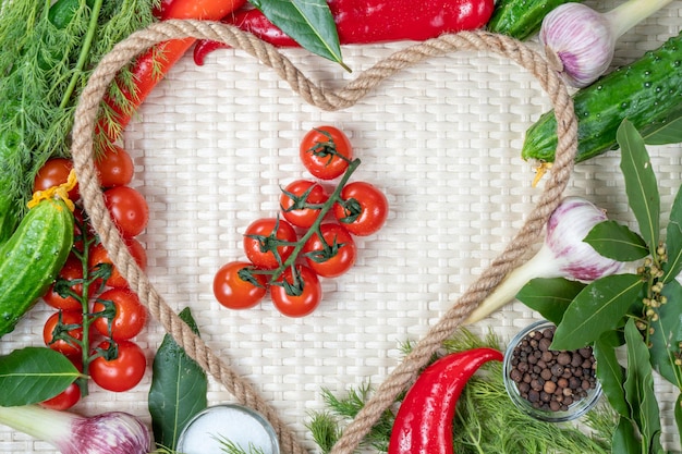 Un marco en forma de corazón con verduras y hierbas en el medio.