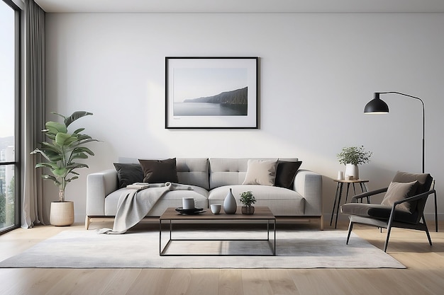 Marco fotográfico en el diseño minimalista de la sala de estar hecho por una inteligencia artificial