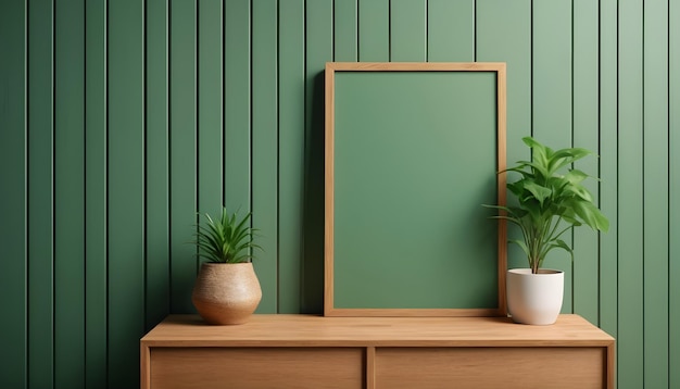 Marco fotográfico de maqueta de pared verde de pizarra de madera montado en el armario de madera