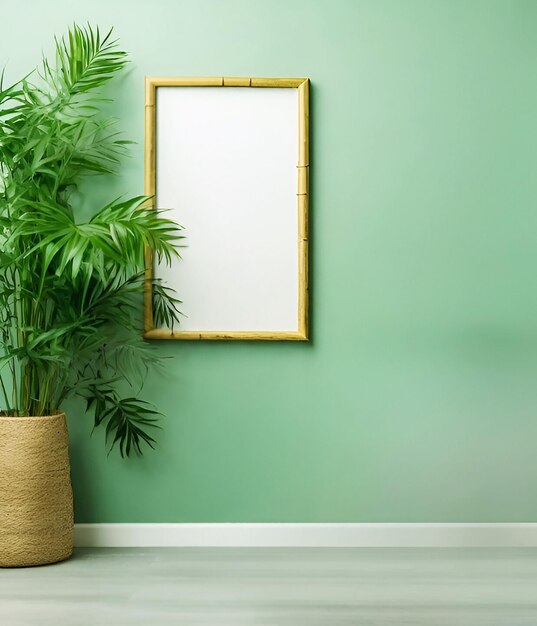 Marco fotográfico de maqueta vacío envuelto con vides en cuatro lados en la pared verde con plantas de interior