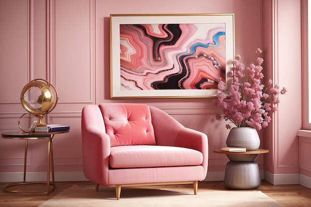 Marco de fotos con arte abstracto junto a un sillón de terciopelo rosa