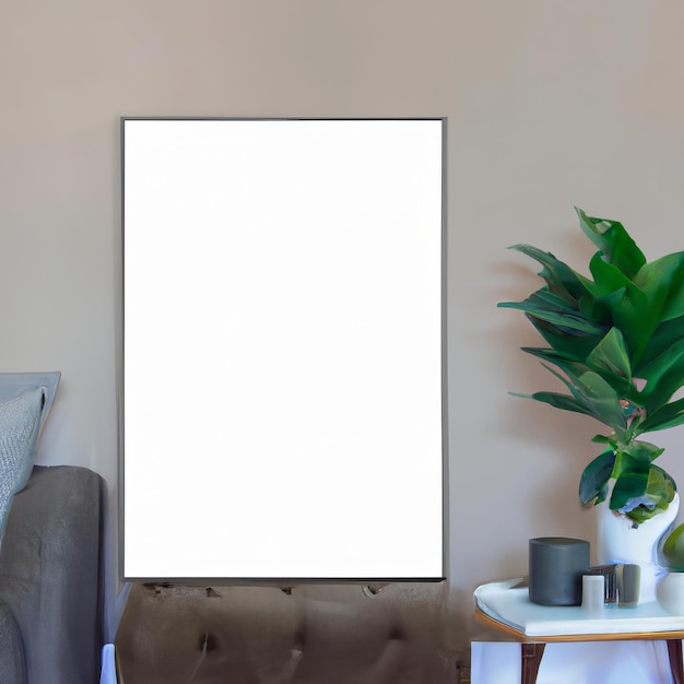 Un marco de fotos blanco está sobre una mesa al lado de una planta.